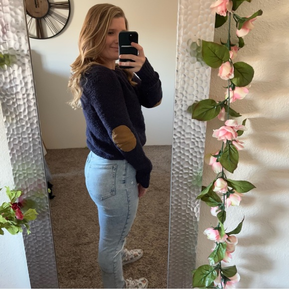 Women’s BDG Size Small Navy Sweater with Brown Elbow Accents - Picture 3 of 7